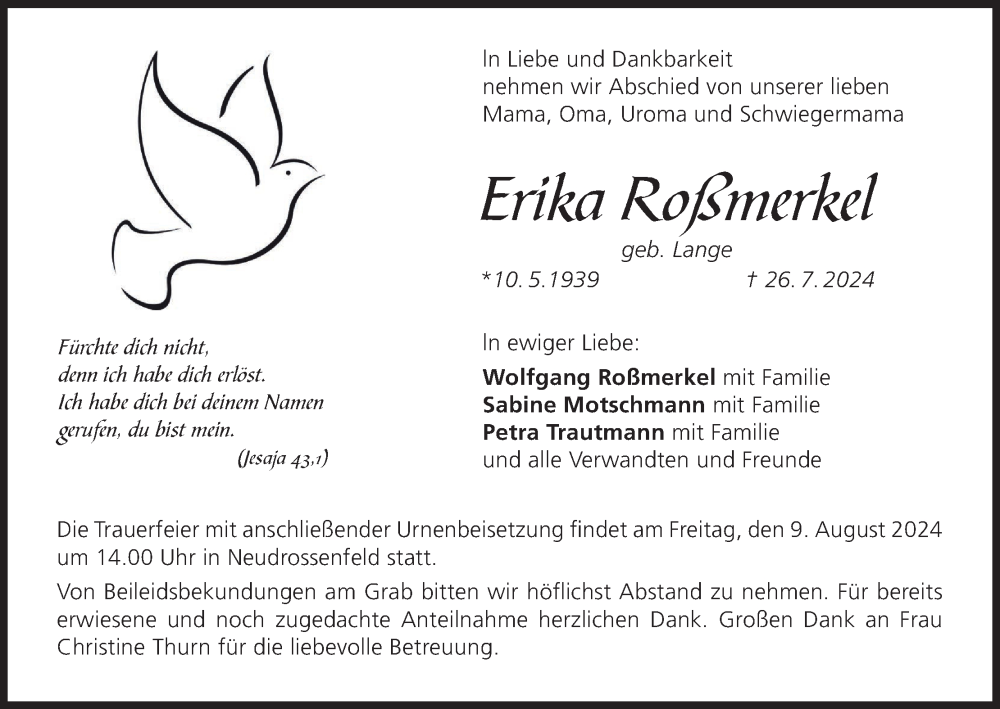  Traueranzeige für Erika Roßmerkel vom 06.08.2024 aus MGO