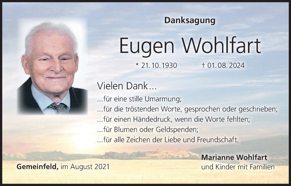  Traueranzeige für Eugen Wohlfart vom 17.08.2024 aus MGO