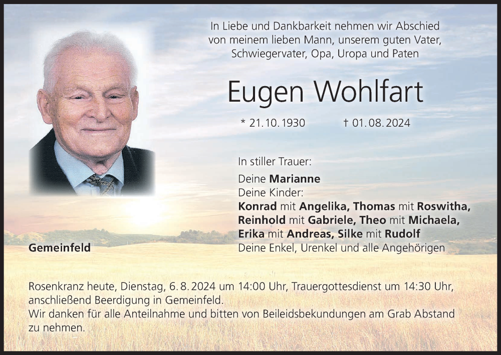  Traueranzeige für Eugen Wohlfart vom 06.08.2024 aus MGO
