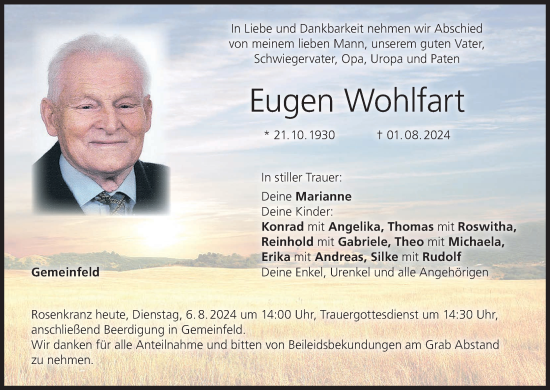 Anzeige von Eugen Wohlfart von MGO