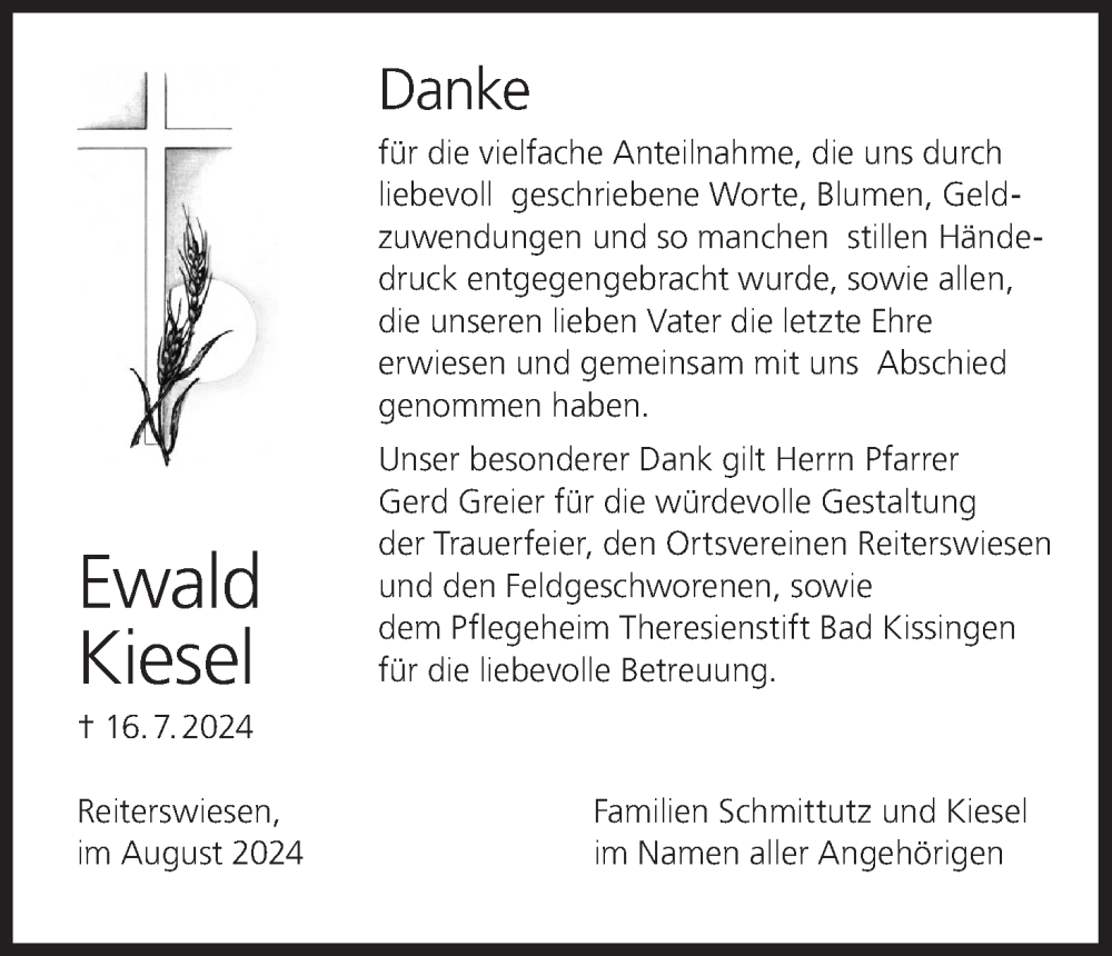  Traueranzeige für Ewald Kiesel vom 10.08.2024 aus MGO