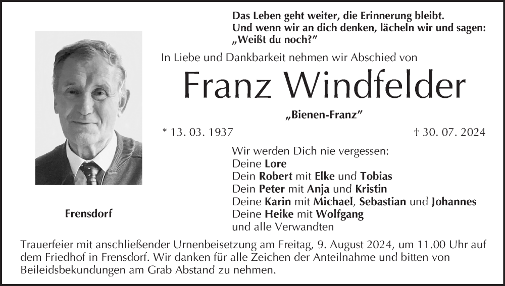  Traueranzeige für Franz Windfelder vom 05.08.2024 aus MGO
