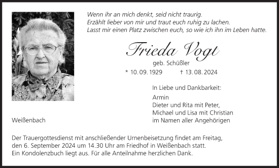 Anzeige von Frieda Vogt von MGO