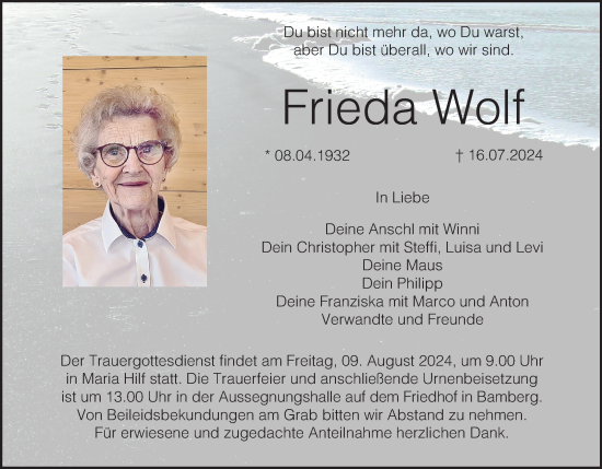 Anzeige von Frieda Wolf von MGO