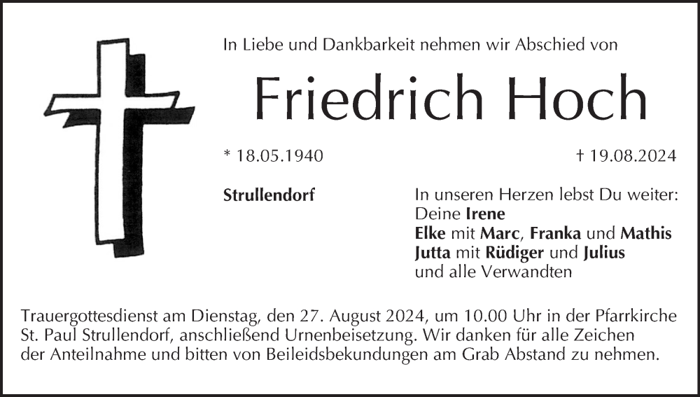  Traueranzeige für Friedrich Hoch vom 24.08.2024 aus MGO