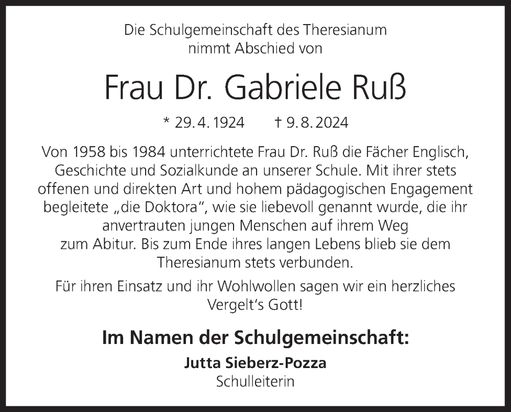  Traueranzeige für Gabriele Ruß vom 15.08.2024 aus MGO