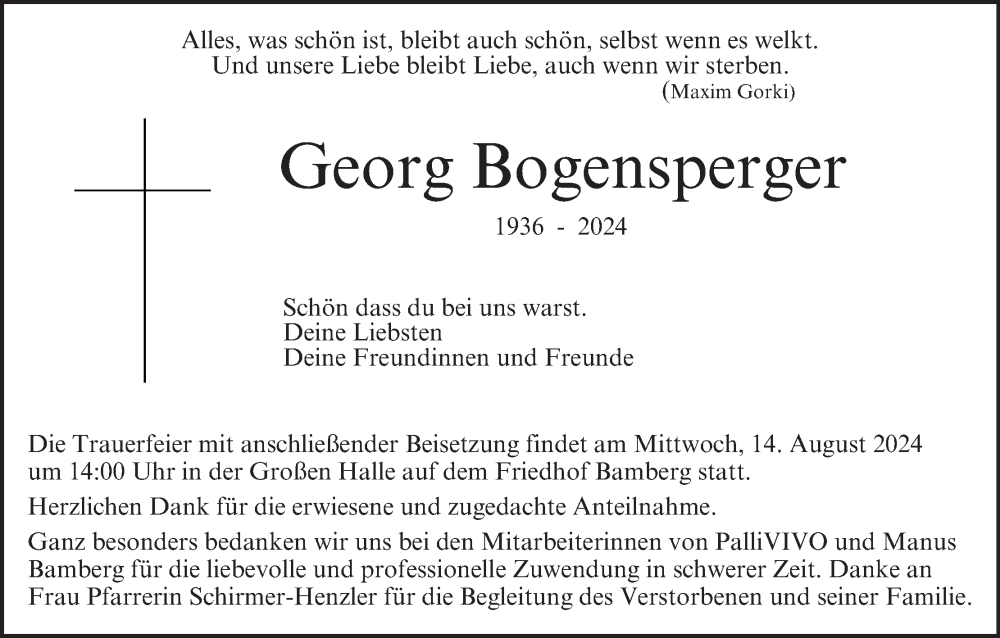  Traueranzeige für Georg Bogensperger vom 10.08.2024 aus MGO