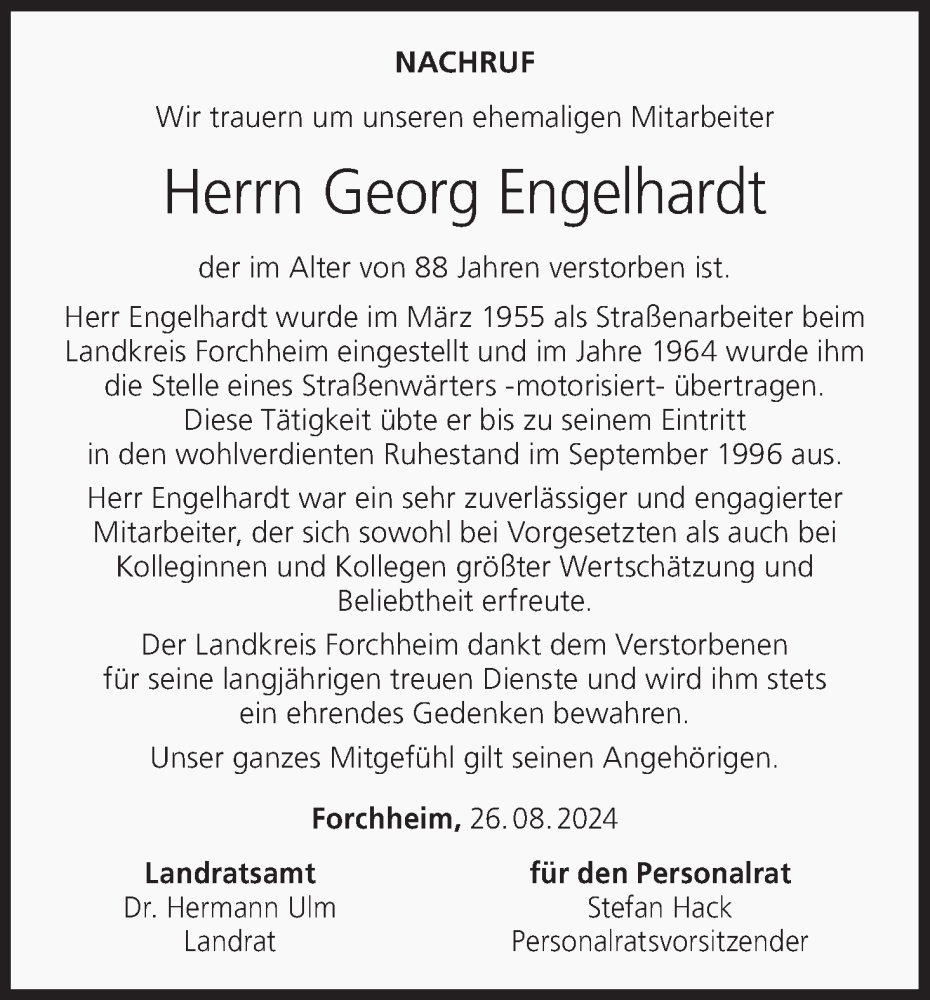  Traueranzeige für Georg Engelhardt vom 28.08.2024 aus MGO