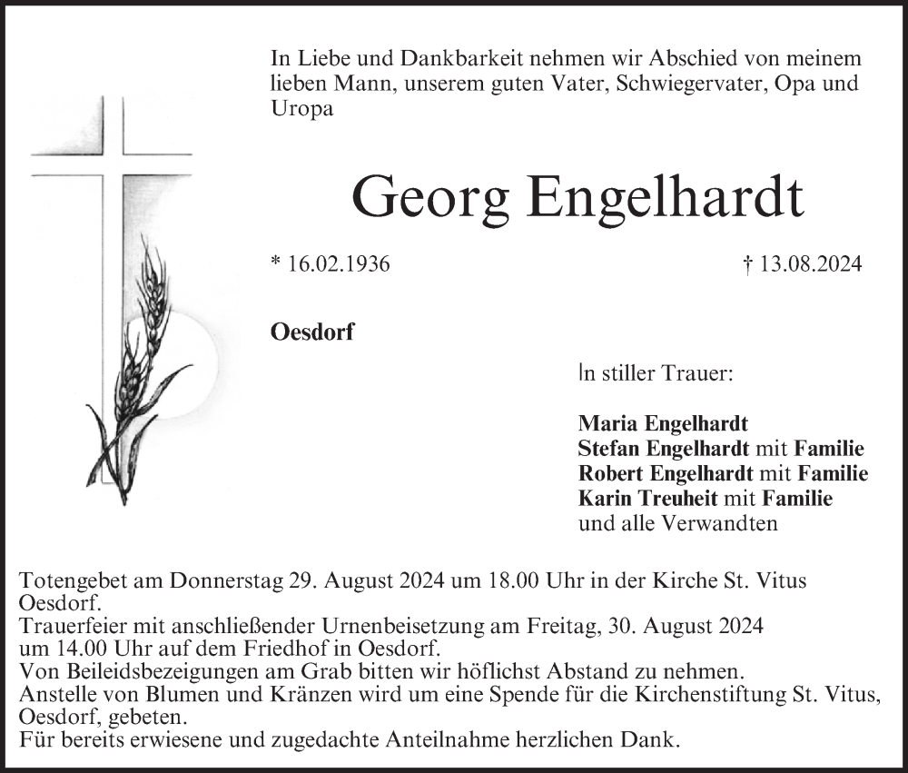  Traueranzeige für Georg Engelhardt vom 24.08.2024 aus MGO