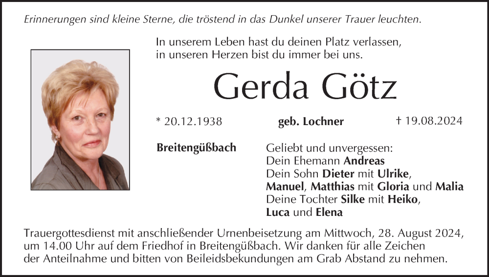  Traueranzeige für Gerda Götz vom 24.08.2024 aus MGO