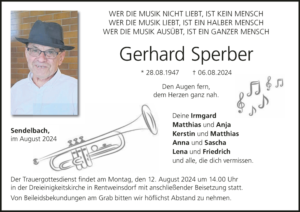  Traueranzeige für Gerhard Sperber vom 10.08.2024 aus MGO