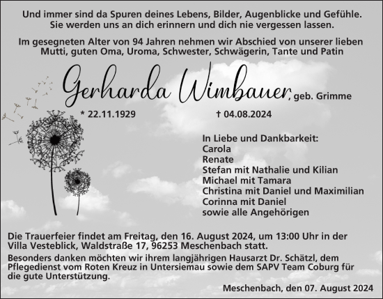 Anzeige von Gerharda Wimbauer von MGO