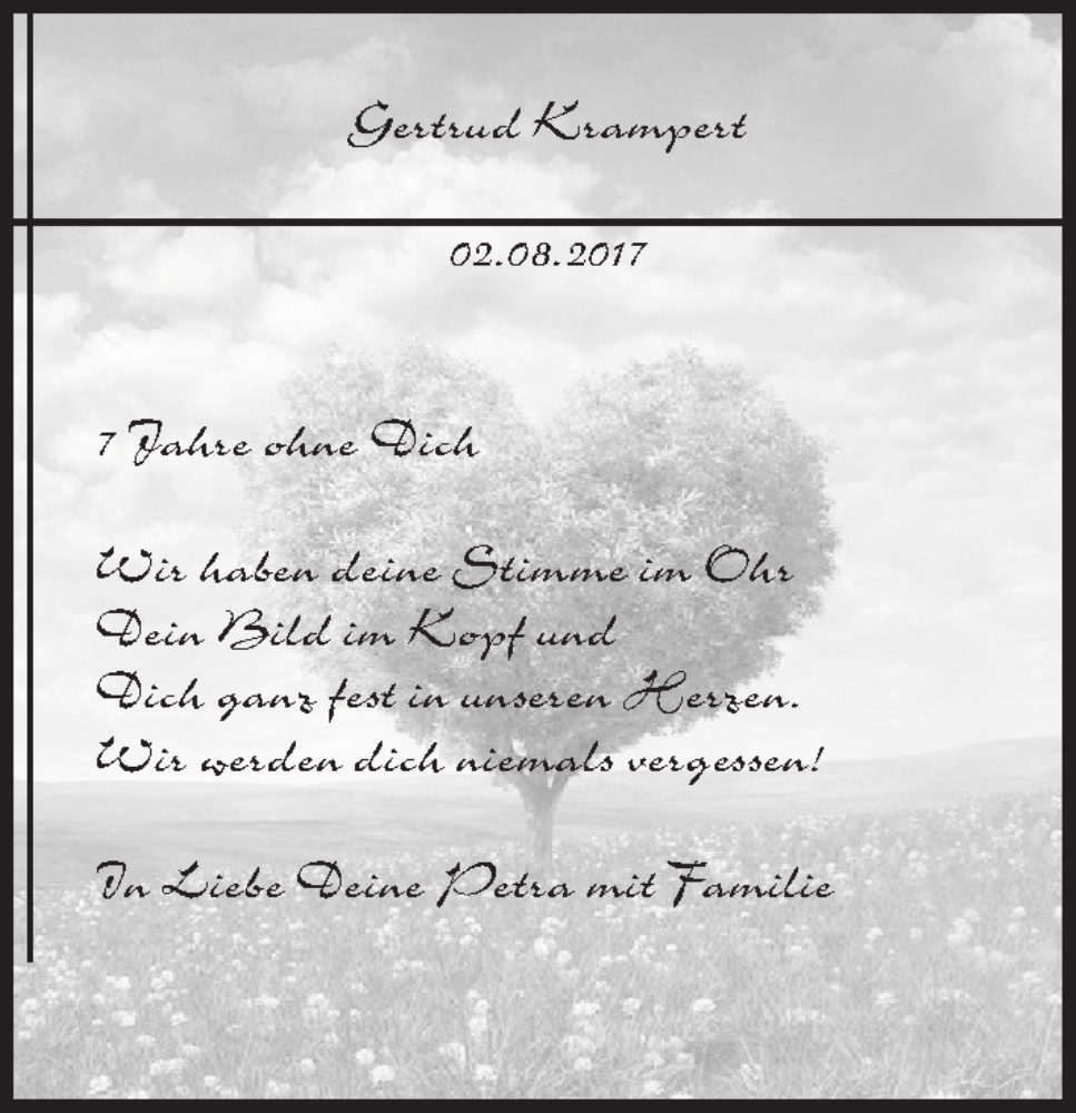  Traueranzeige für Gertrud Krampert vom 03.08.2024 aus MGO