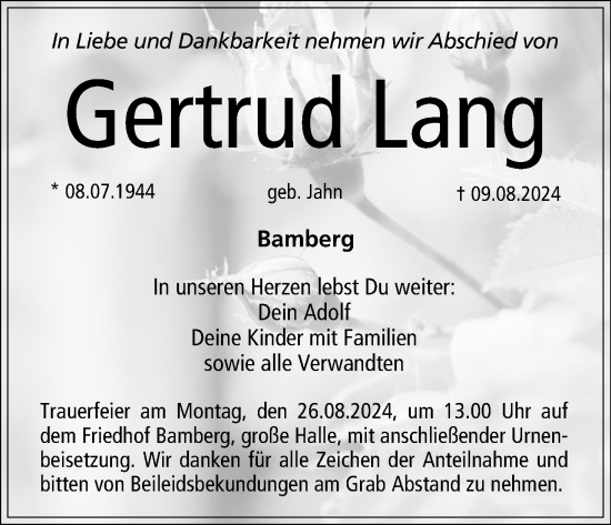 Anzeige von Gertrud Lang von MGO