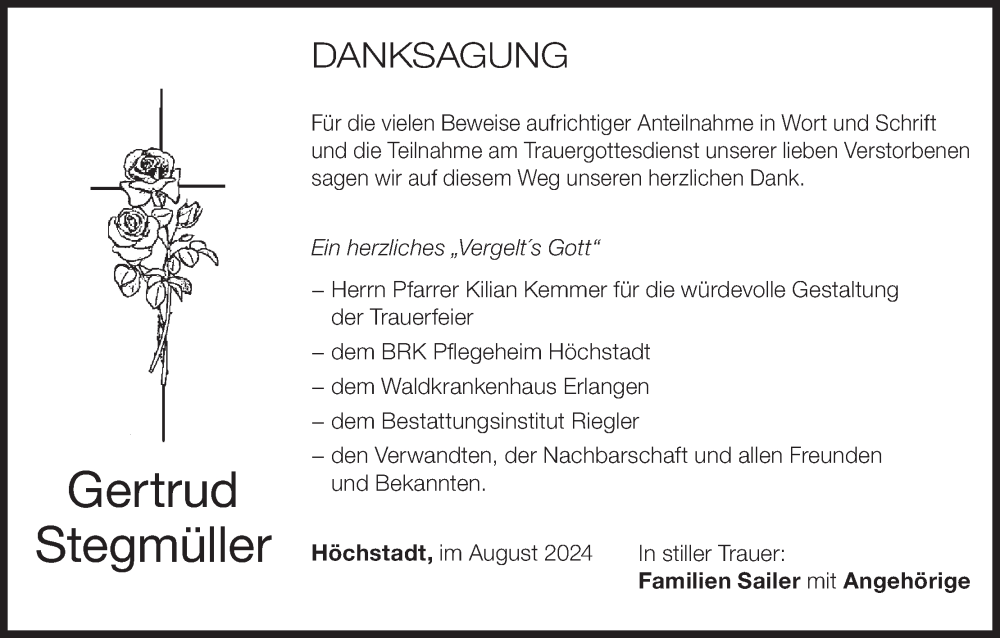  Traueranzeige für Gertrud Stegmüller vom 03.08.2024 aus MGO