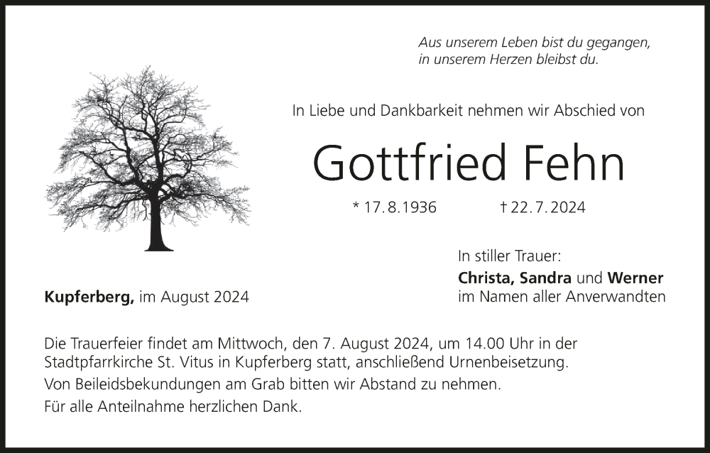  Traueranzeige für Gottfried Fehn vom 02.08.2024 aus MGO