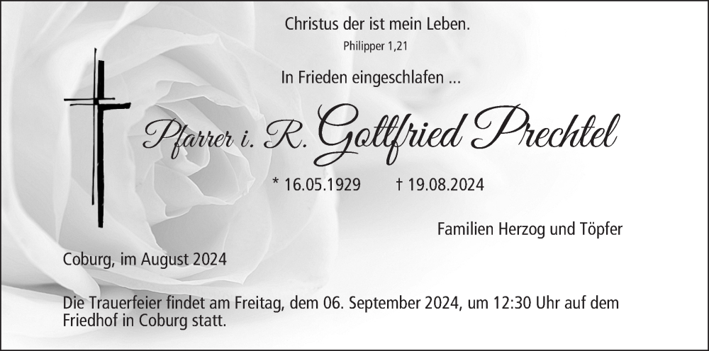  Traueranzeige für Gottfried Prechtel vom 31.08.2024 aus MGO