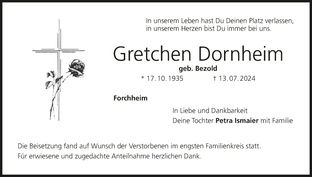  Traueranzeige für Gretchen Dornheim vom 17.08.2024 aus MGO