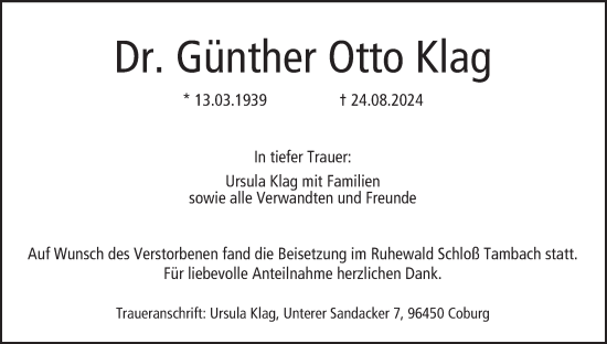 Anzeige von Günther Otto Klag von MGO