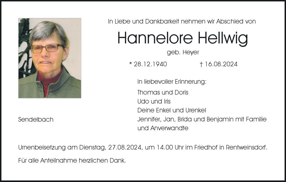  Traueranzeige für Hannelore Hellwig vom 24.08.2024 aus MGO