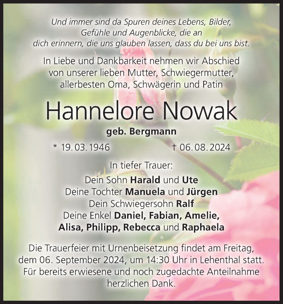  Traueranzeige für Hannelore Nowak vom 31.08.2024 aus MGO