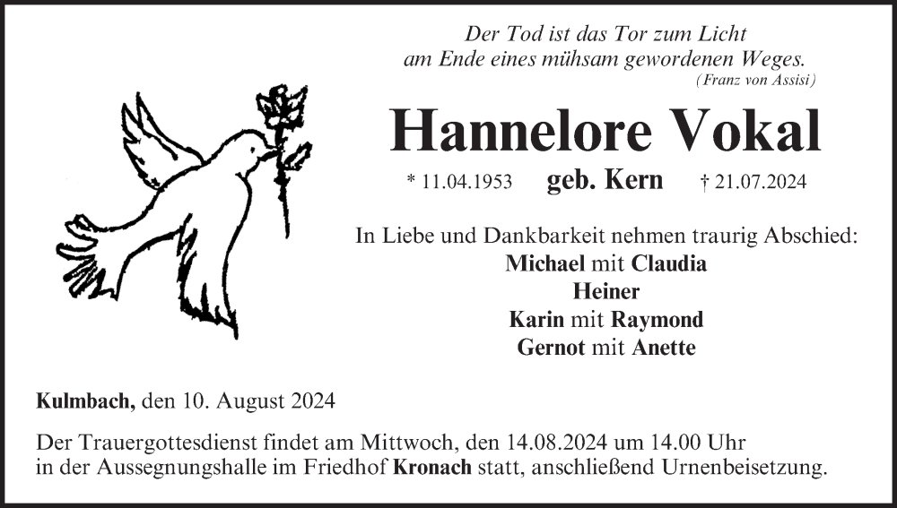  Traueranzeige für Hannelore Vokal vom 10.08.2024 aus MGO