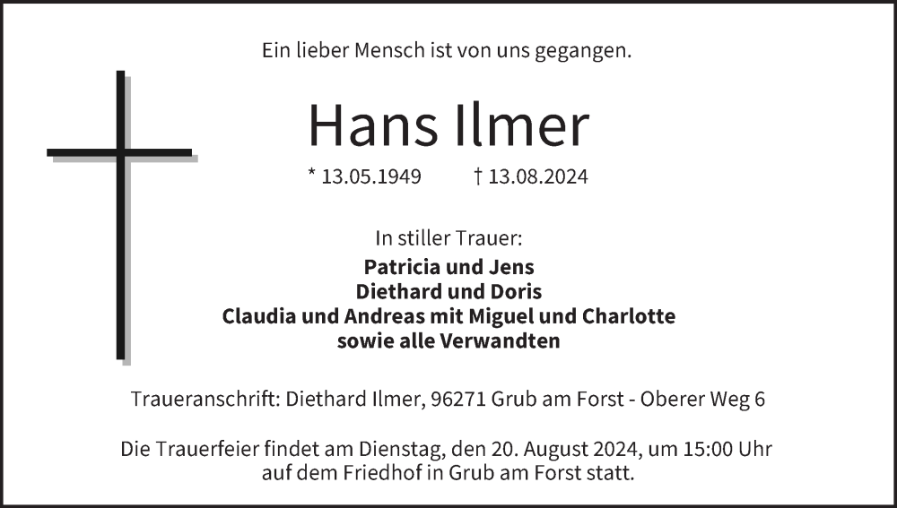  Traueranzeige für Hans Ilmer vom 17.08.2024 aus MGO