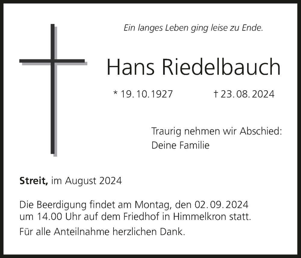  Traueranzeige für Hans Riedelbauch vom 28.08.2024 aus MGO