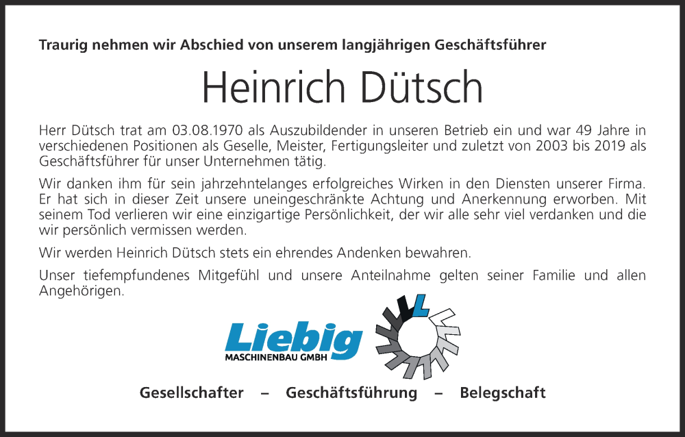  Traueranzeige für Heinrich Dütsch vom 24.08.2024 aus MGO