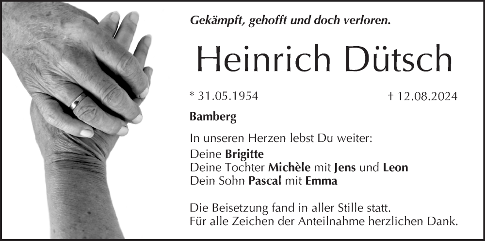  Traueranzeige für Heinrich Dütsch vom 24.08.2024 aus MGO