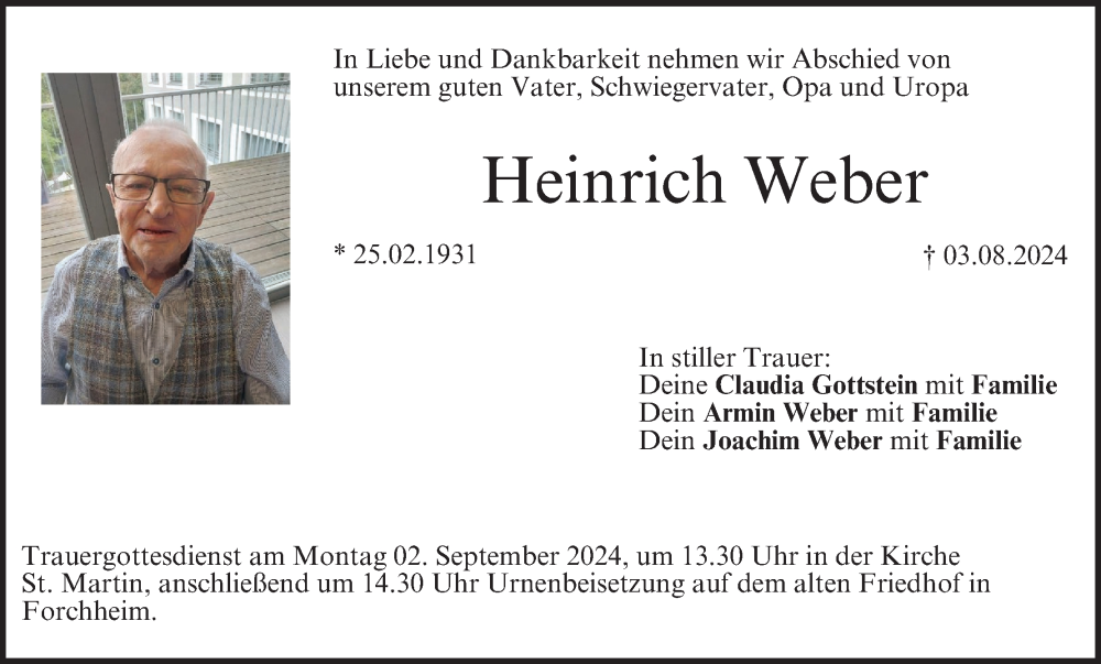  Traueranzeige für Heinrich Weber vom 31.08.2024 aus MGO