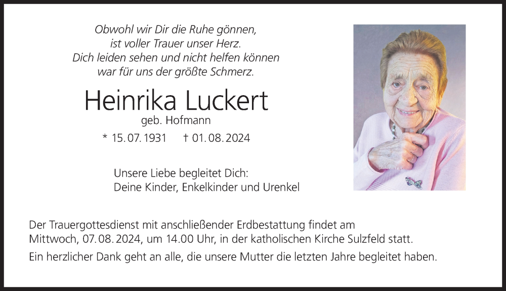  Traueranzeige für Heinrika Luckert vom 05.08.2024 aus MGO