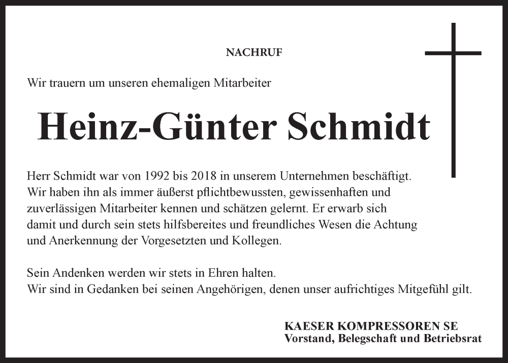  Traueranzeige für Heinz-Günter Schmidt vom 29.08.2024 aus MGO