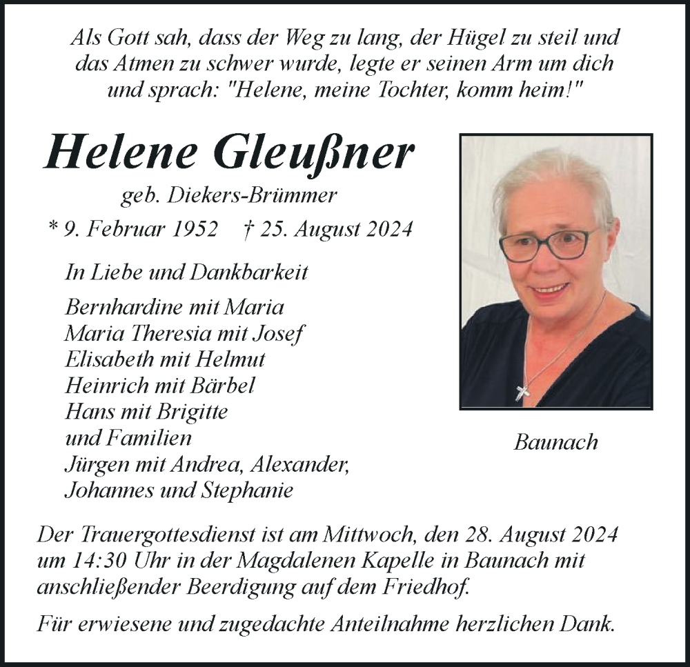  Traueranzeige für Helene Gleußner vom 27.08.2024 aus MGO