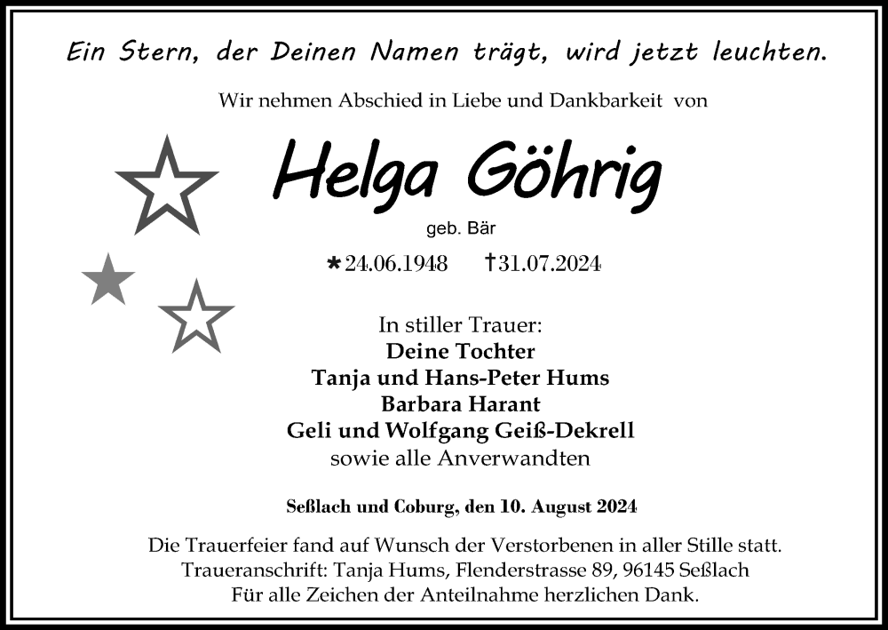 Traueranzeige für Helga Göhrig vom 10.08.2024 aus MGO