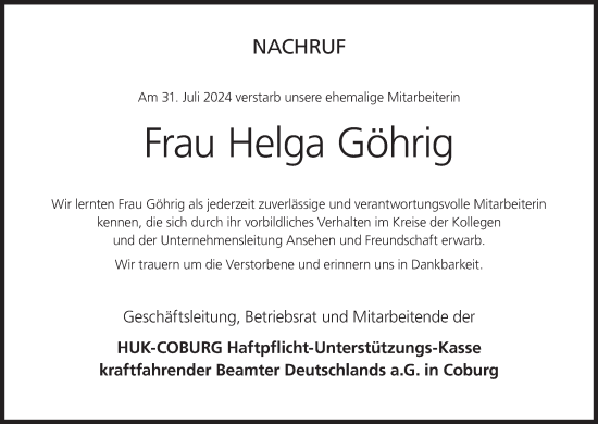 Anzeige von Helga Göhrig von MGO