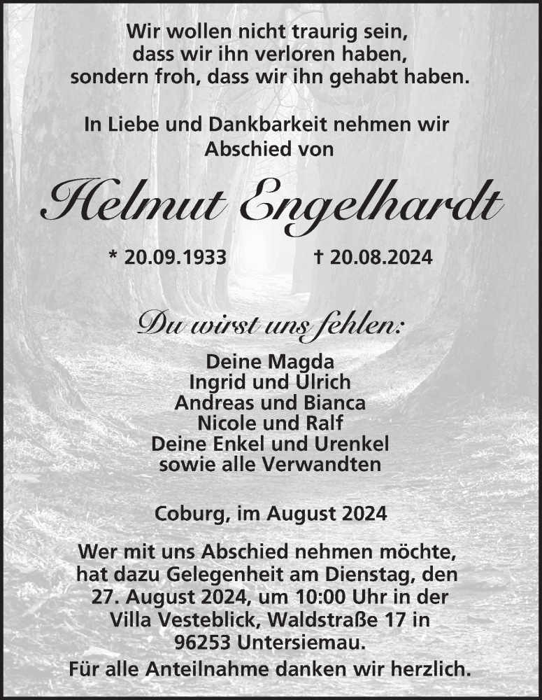  Traueranzeige für Helmut Engelhardt vom 24.08.2024 aus MGO
