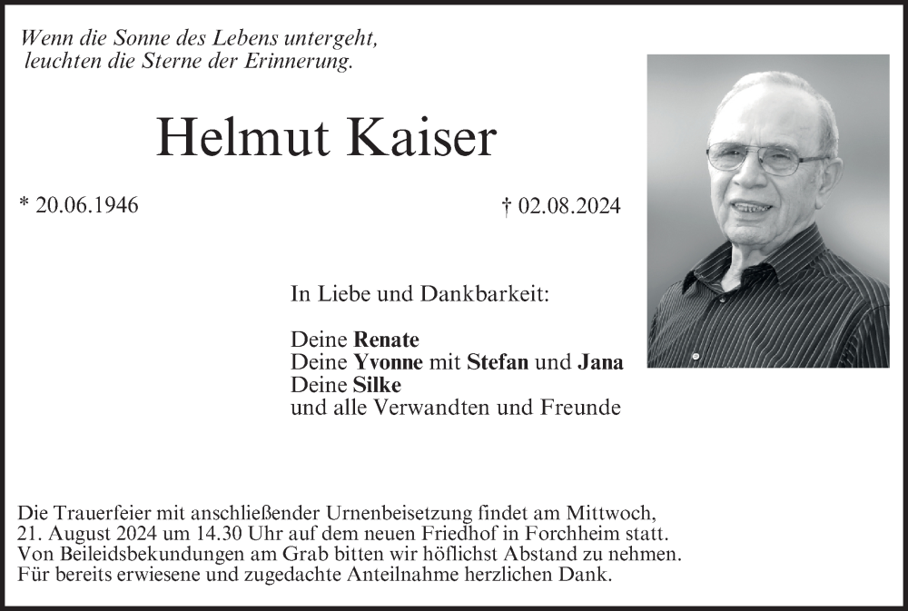  Traueranzeige für Helmut Kaiser vom 17.08.2024 aus MGO
