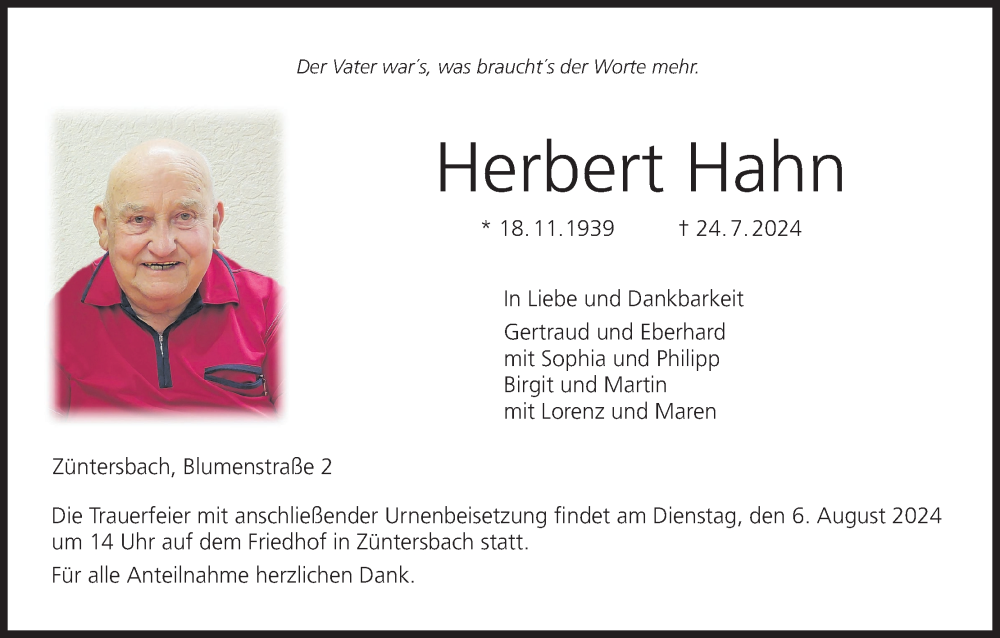  Traueranzeige für Herbert Hahn vom 02.08.2024 aus MGO
