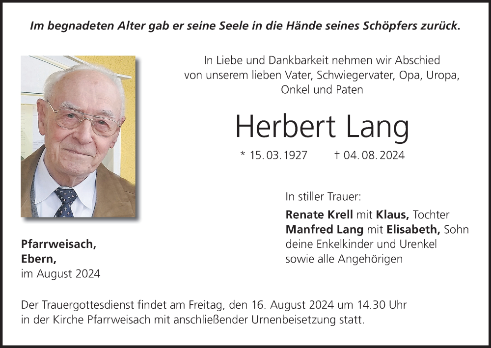  Traueranzeige für Herbert Lang vom 10.08.2024 aus MGO