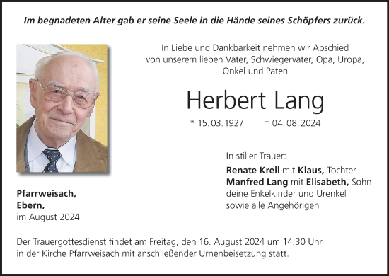 Anzeige von Herbert Lang von MGO