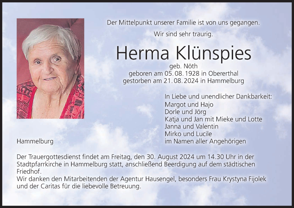  Traueranzeige für Herma Klünspies vom 27.08.2024 aus MGO