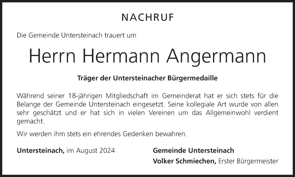  Traueranzeige für Hermann Angermann vom 29.08.2024 aus MGO