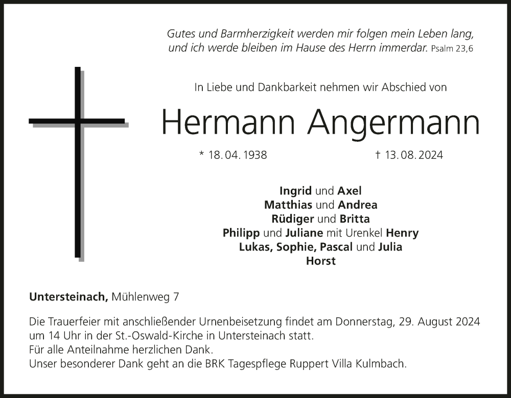  Traueranzeige für Hermann Angermann vom 24.08.2024 aus MGO