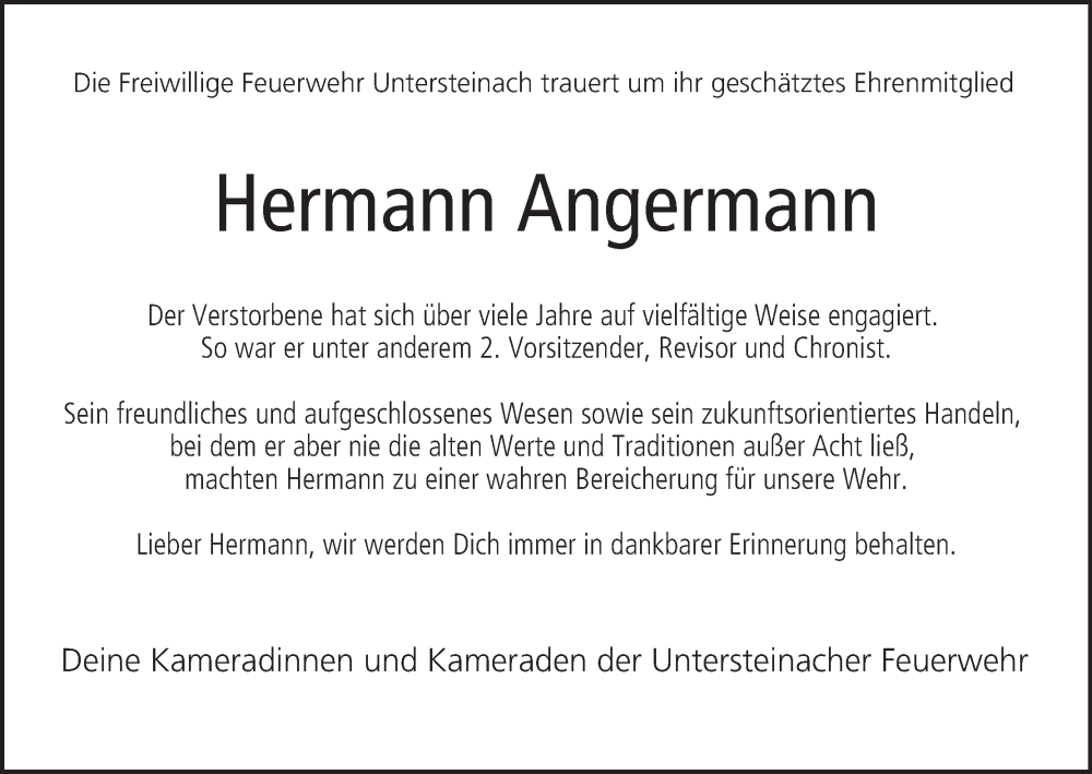  Traueranzeige für Hermann Angermann vom 24.08.2024 aus MGO