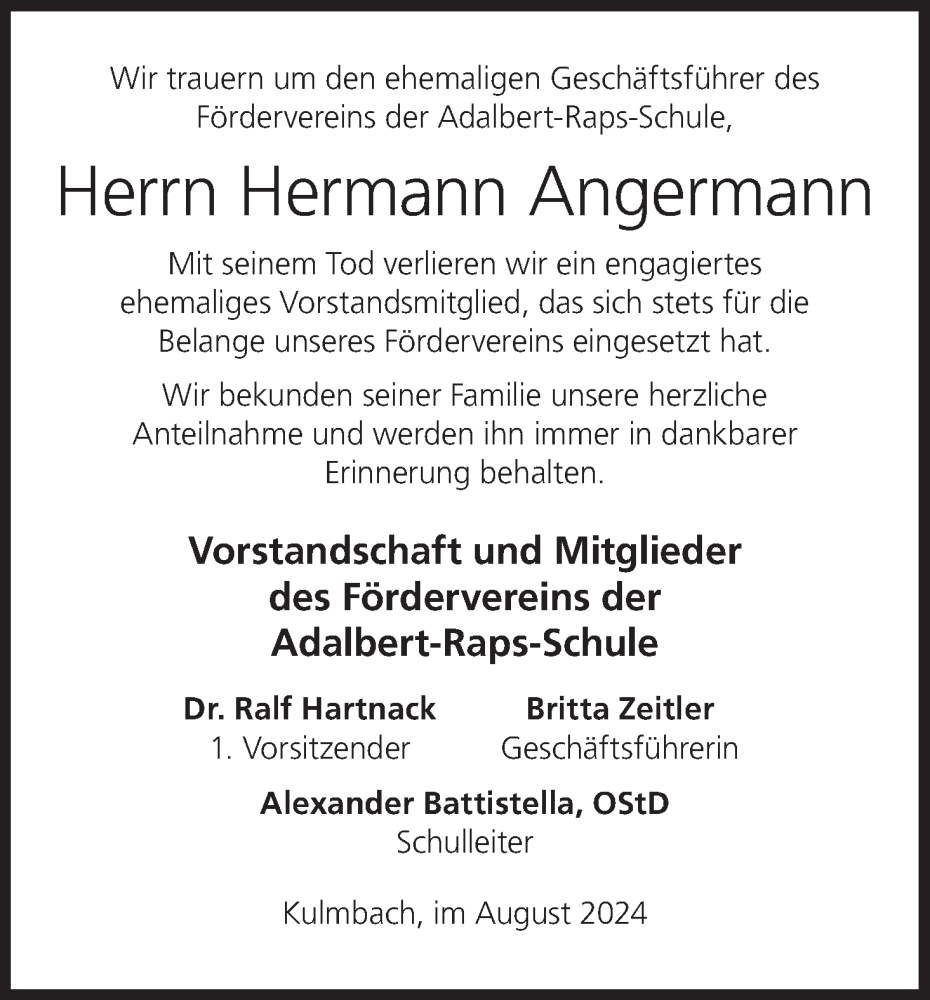  Traueranzeige für Hermann Angermann vom 24.08.2024 aus MGO