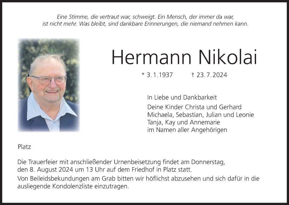  Traueranzeige für Hermann Nikolai vom 03.08.2024 aus MGO