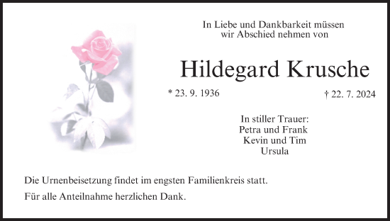 Anzeige von Hildegard Krusche von MGO
