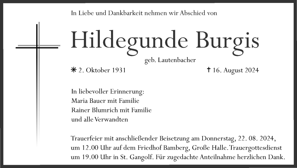  Traueranzeige für Hildegunde Burgis vom 20.08.2024 aus MGO
