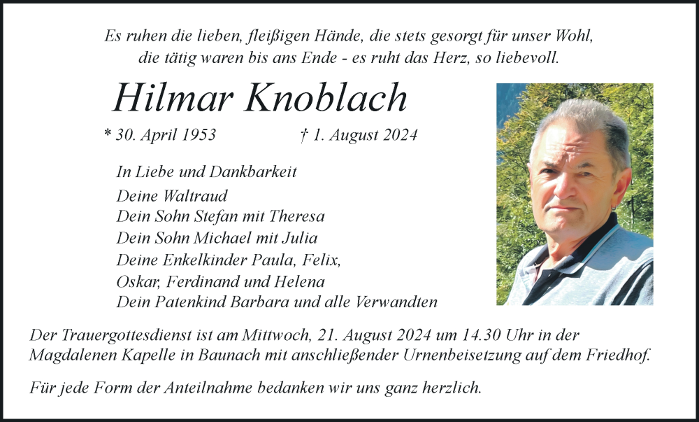  Traueranzeige für Hilmar Knoblach vom 17.08.2024 aus MGO